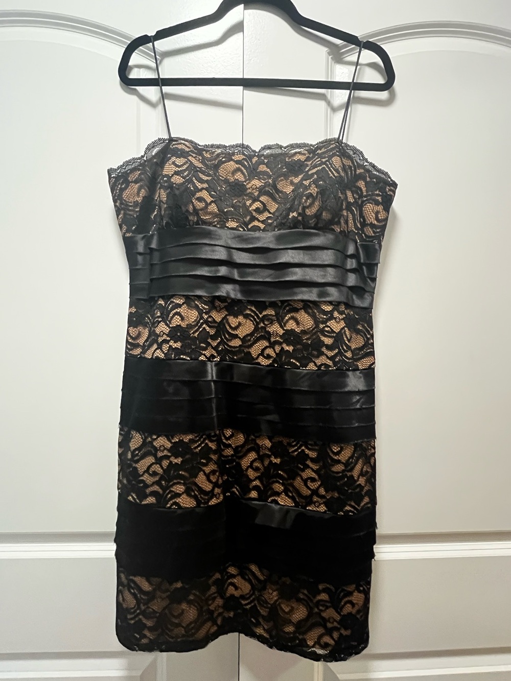 Black Lace Cocktail Dress with Nude Underlay, like new
